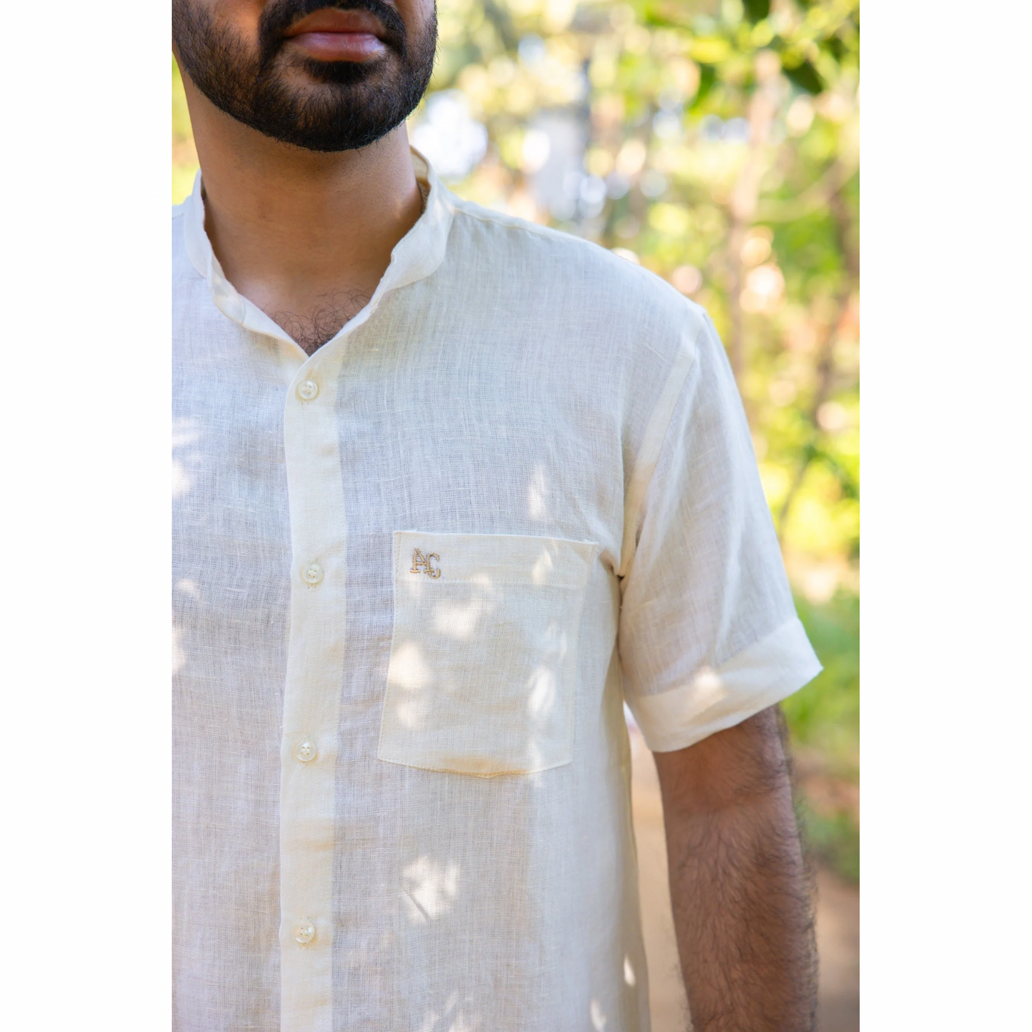 Linen Band Collar Half Sleeve Shirt