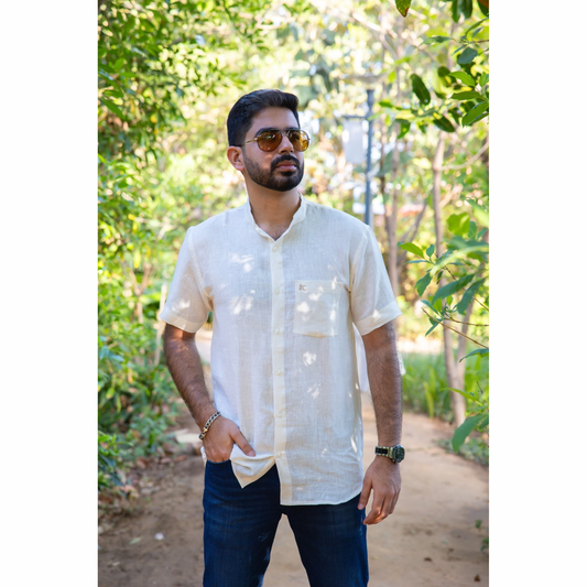 Linen Band Collar Half Sleeve Shirt